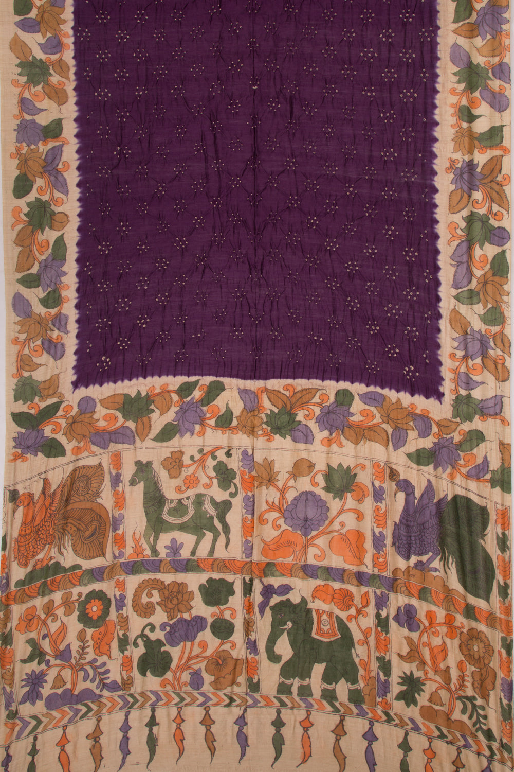 Chiniya Silk Bandhani And Kalamkari Purple Saree