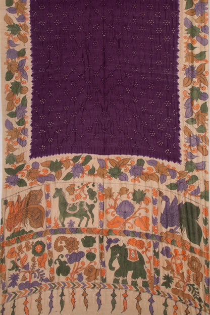 Chiniya Silk Bandhani And Kalamkari Purple Saree