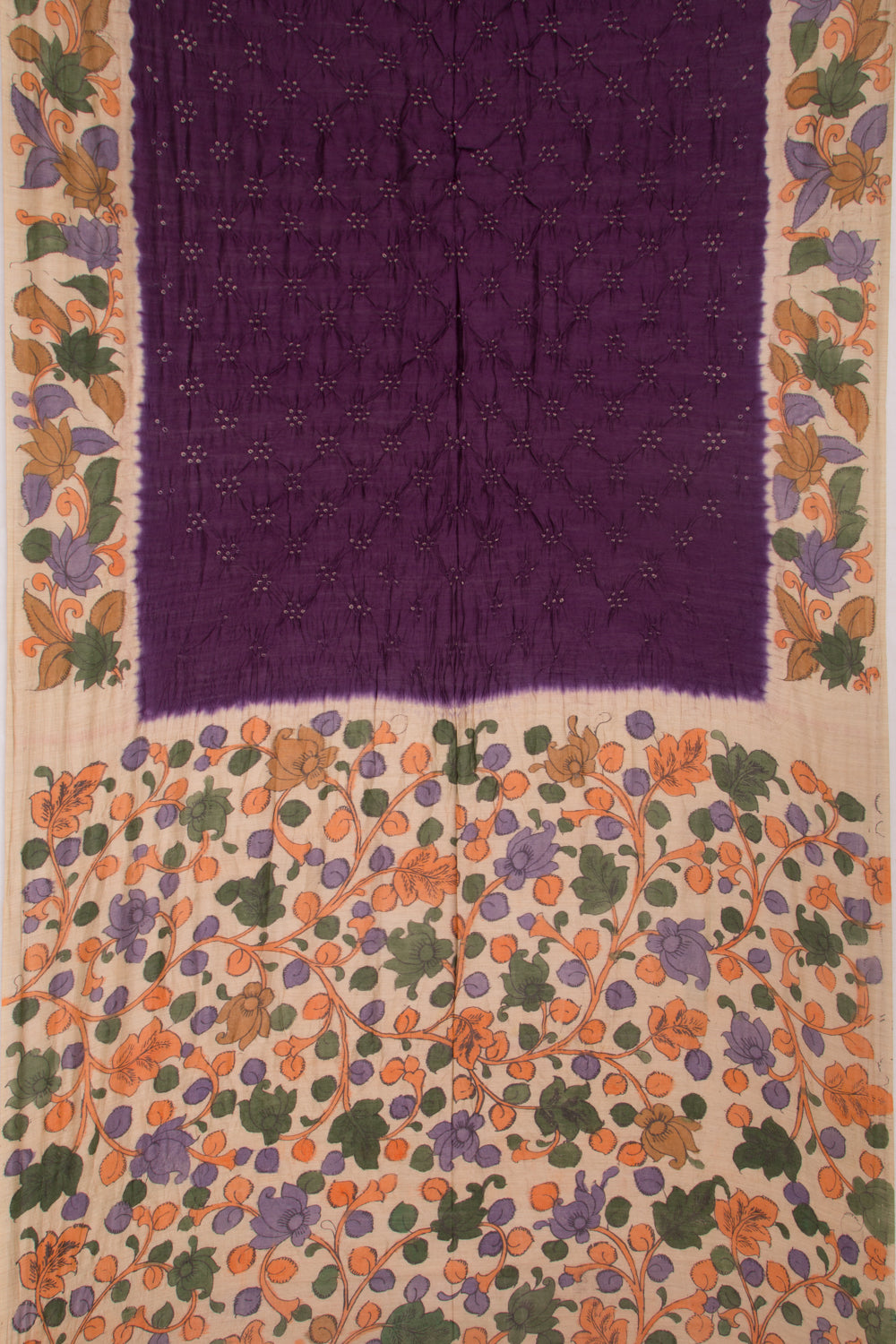 Chiniya Silk Bandhani And Kalamkari Purple Saree