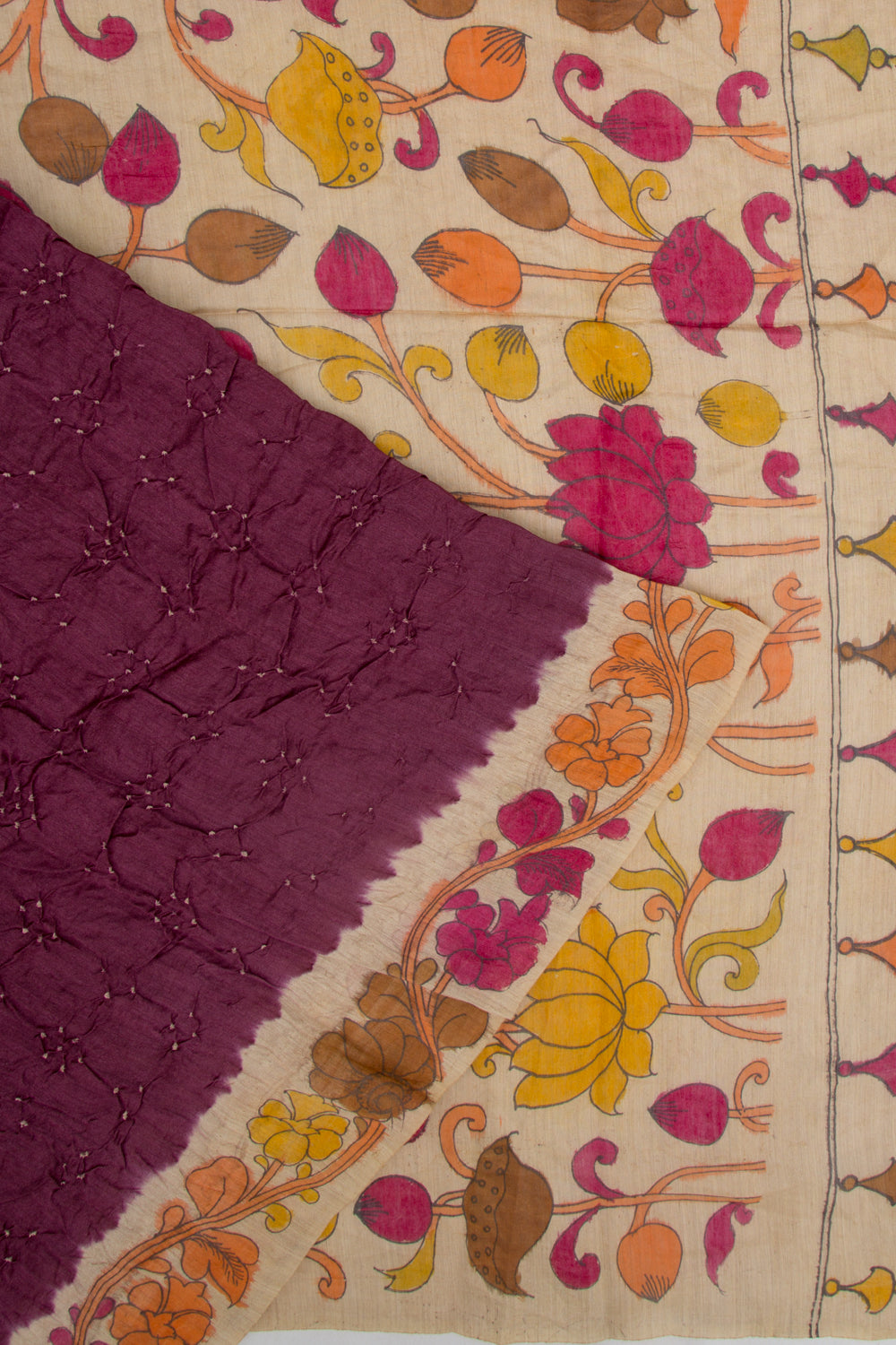 Chiniya Silk Bandhani And Kalamkari Snuff Saree