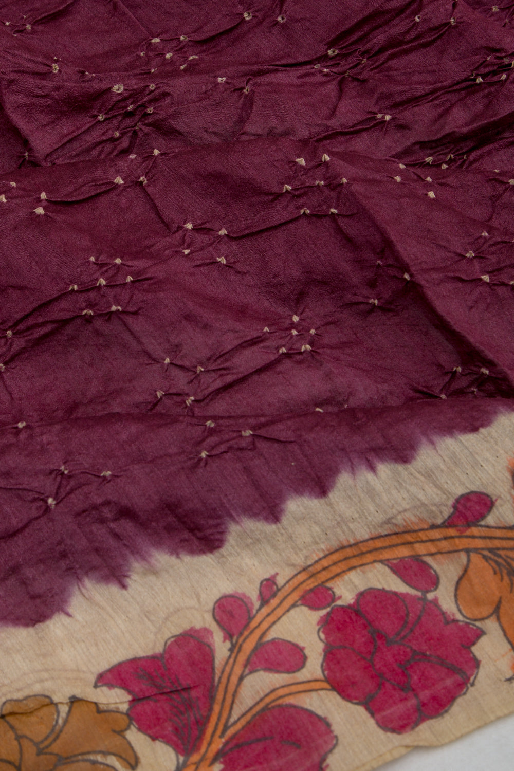 Chiniya Silk Bandhani And Kalamkari Snuff Saree