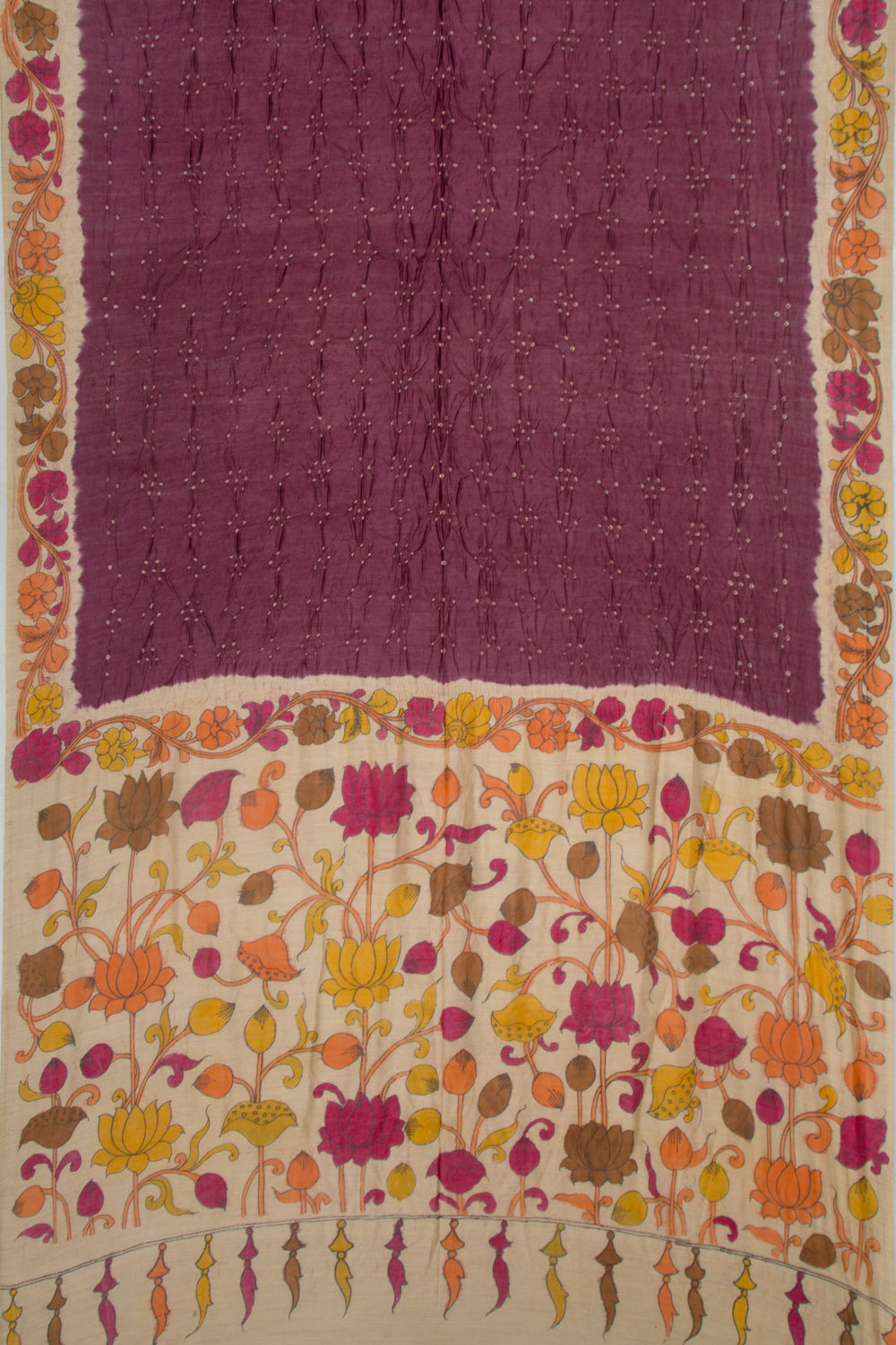 Chiniya Silk Bandhani And Kalamkari Snuff Saree