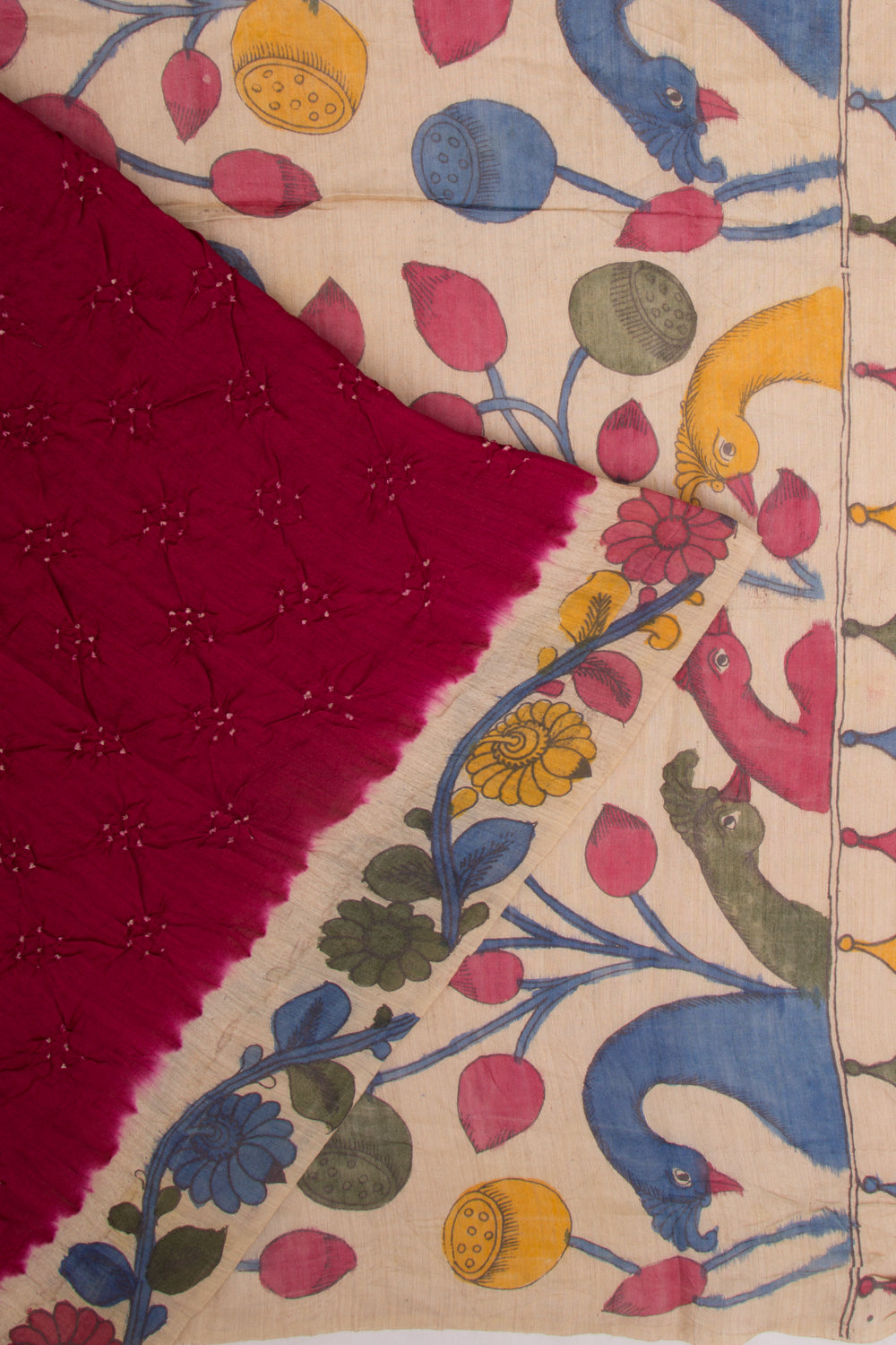 Chiniya Silk Bandhani And Kalamkari Maroon Saree