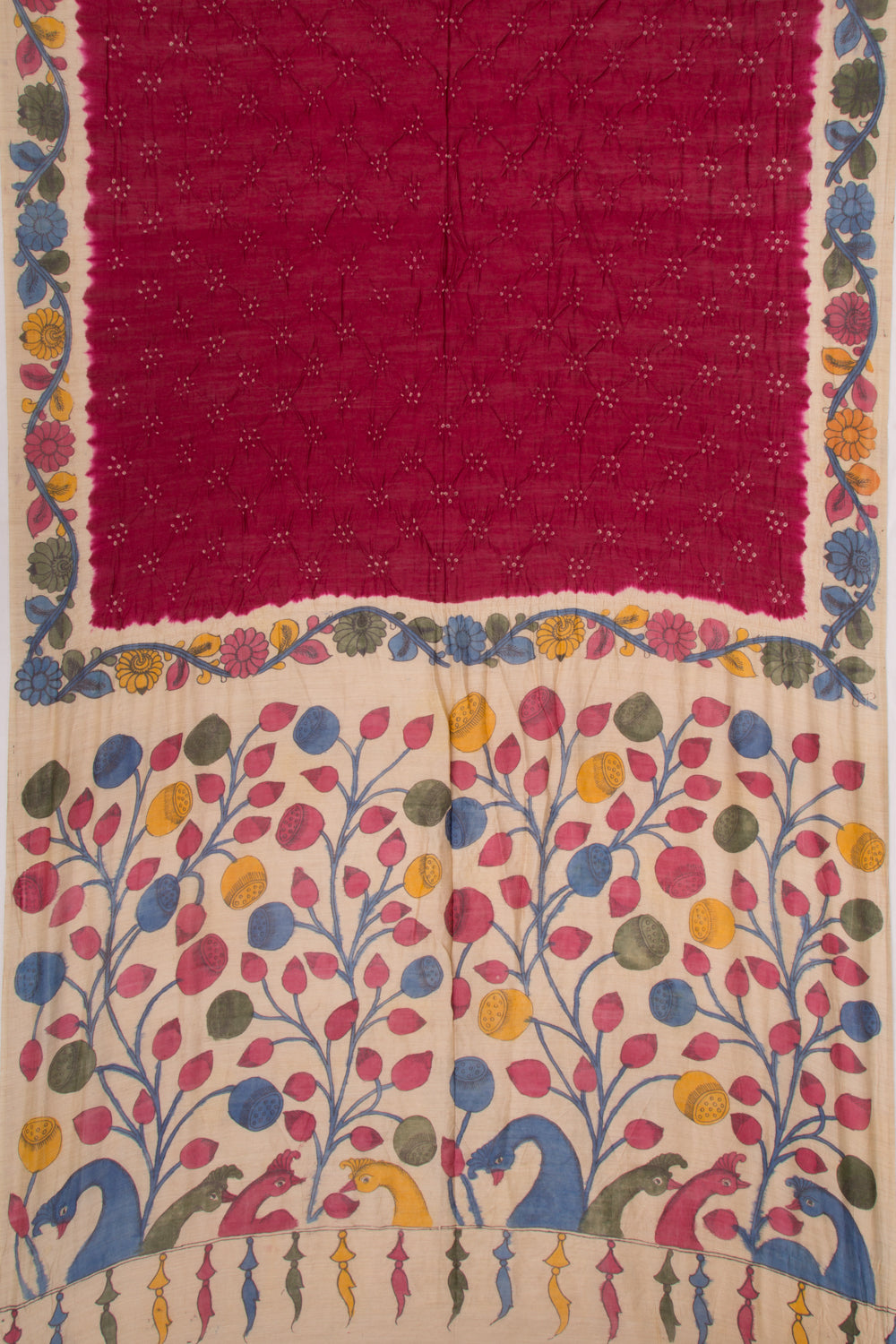 Chiniya Silk Bandhani And Kalamkari Maroon Saree