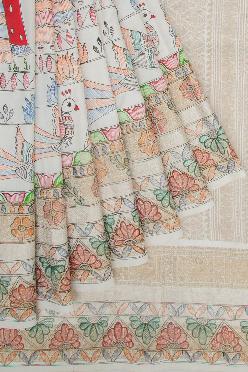 Kanchipuram Silk Hand Painted Madhubani White Saree
