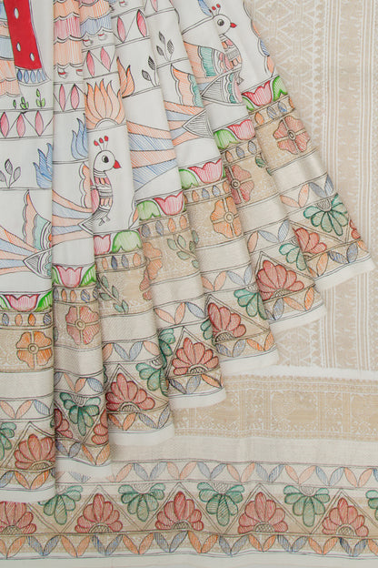 Kanchipuram Silk Hand Painted Madhubani White Saree