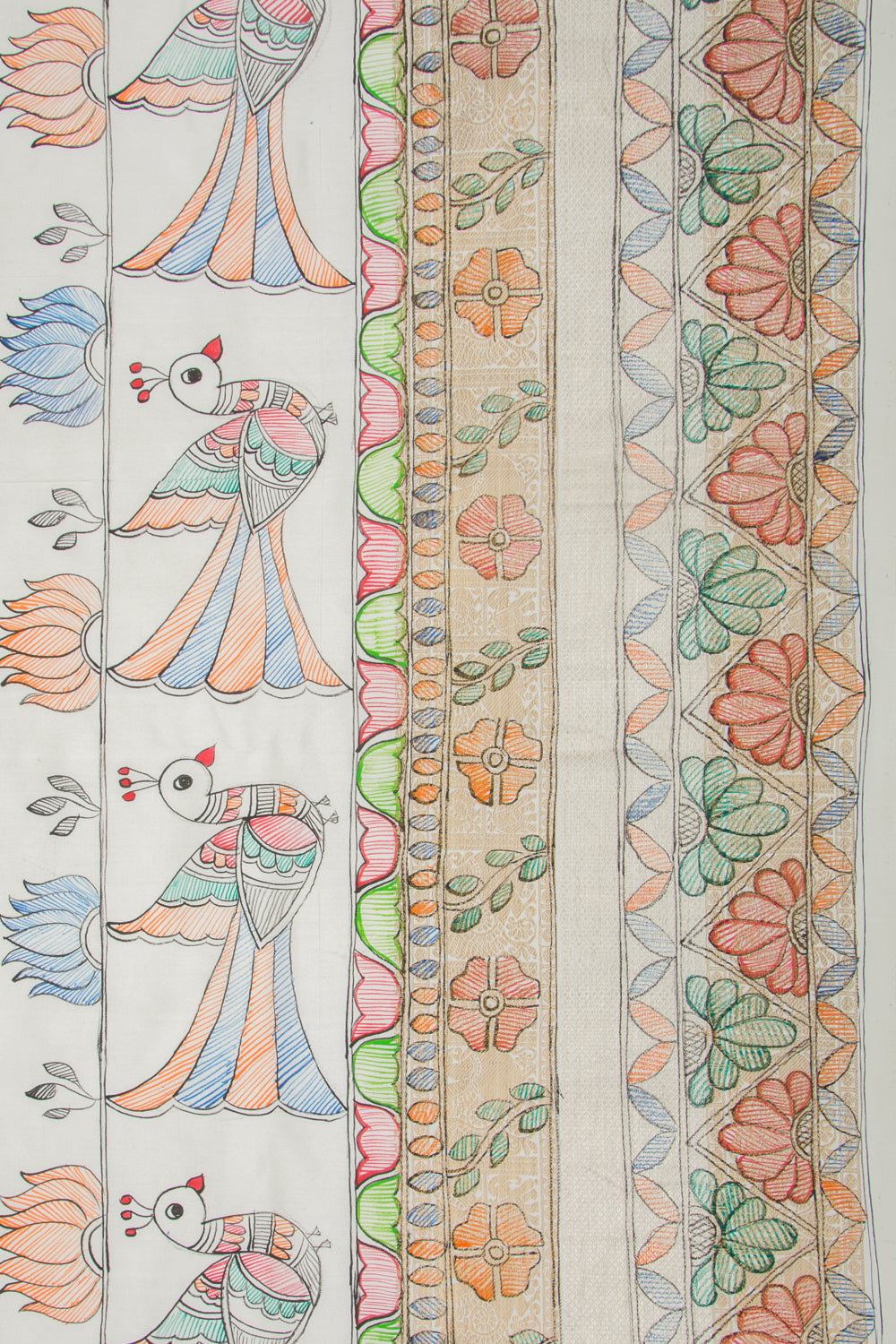 Kanchipuram Silk Hand Painted Madhubani White Saree
