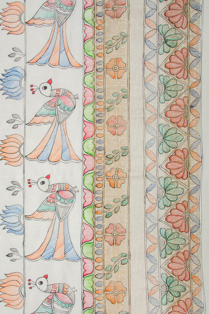 Kanchipuram Silk Hand Painted Madhubani White Saree