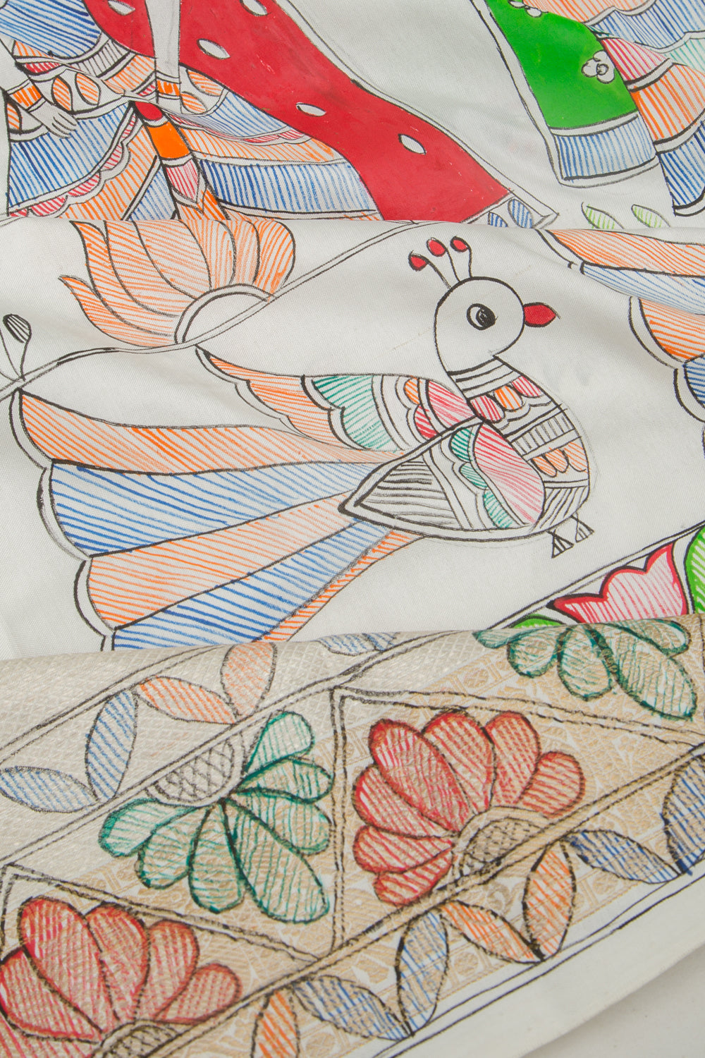 Kanchipuram Silk Hand Painted Madhubani White Saree