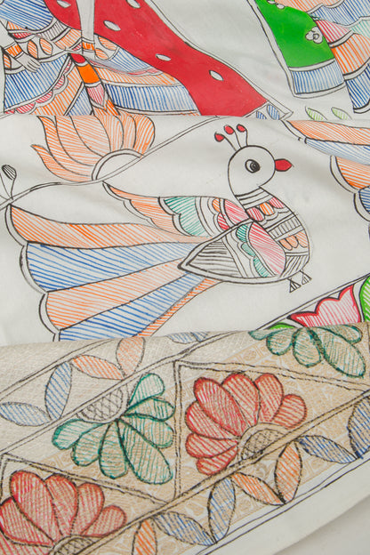 Kanchipuram Silk Hand Painted Madhubani White Saree
