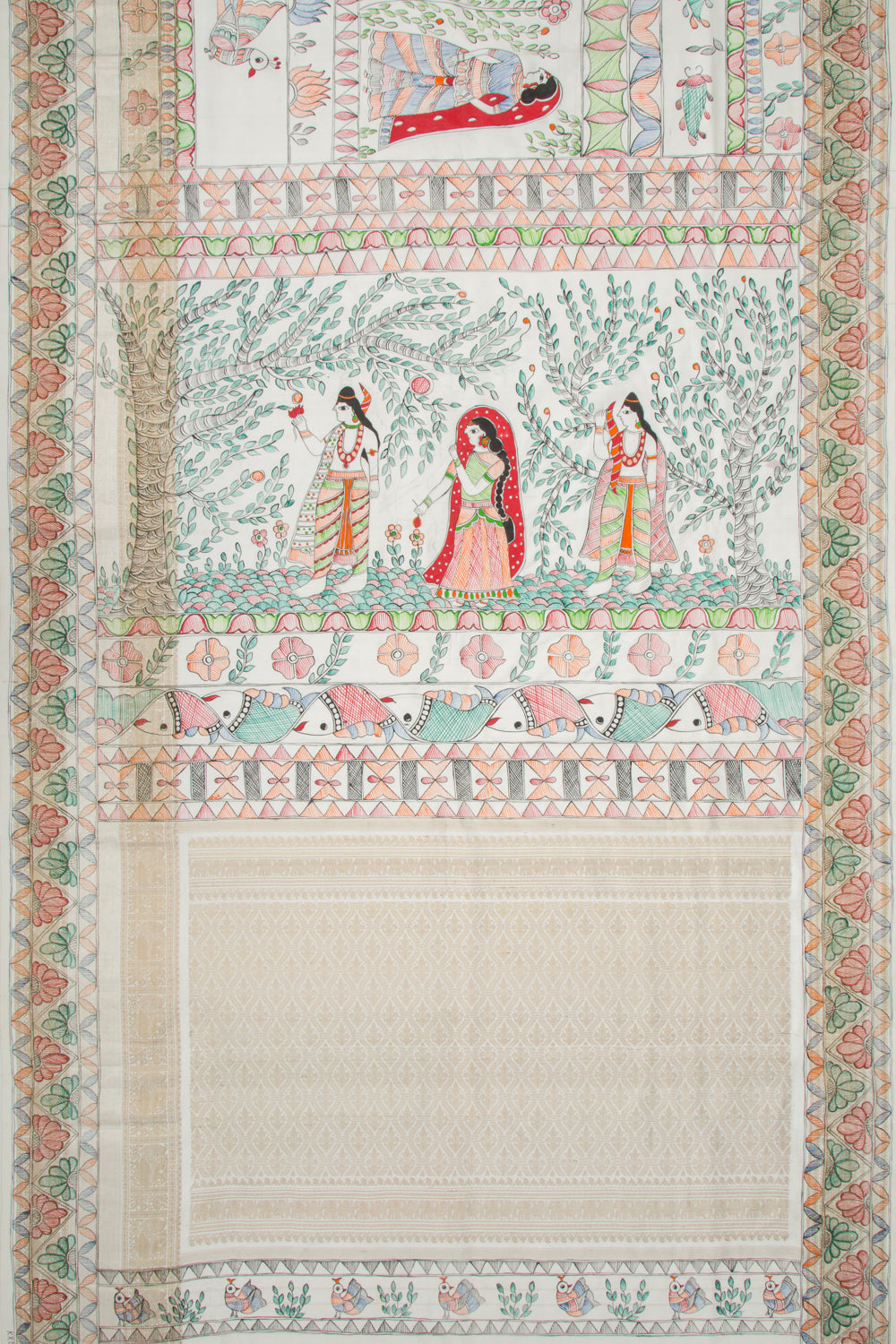 Kanchipuram Silk Hand Painted Madhubani White Saree
