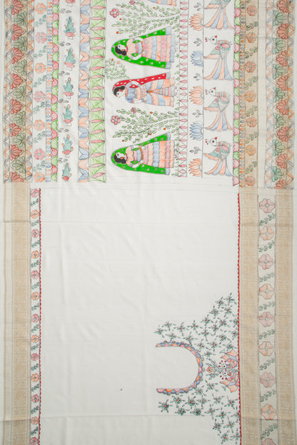 Kanchipuram Silk Hand Painted Madhubani White Saree