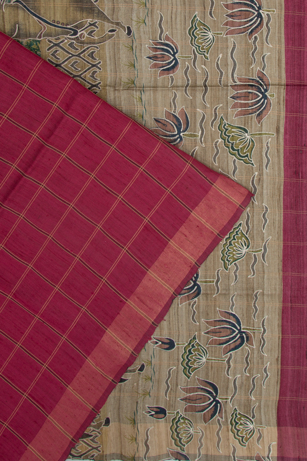 Tussar Checks Burgundy Saree