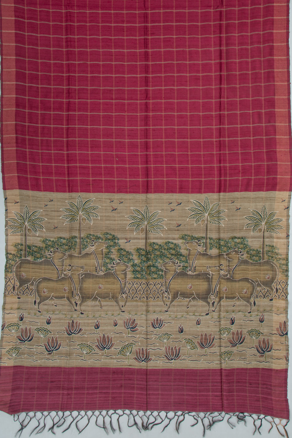 Tussar Checks Burgundy Saree