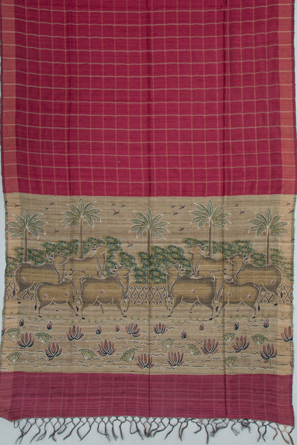 Tussar Checks Burgundy Saree