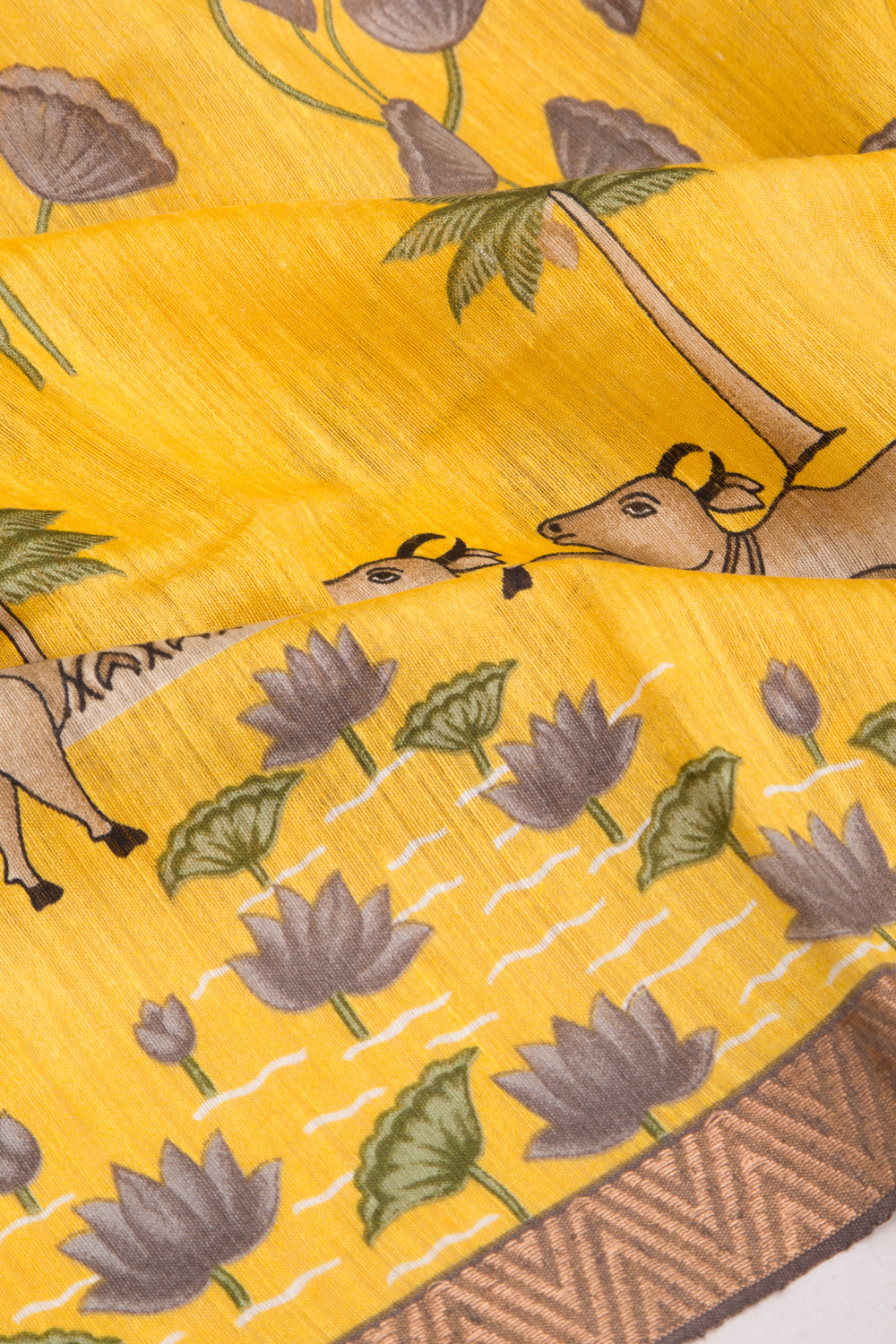 Tussar Pichwai Printed Yellow Saree