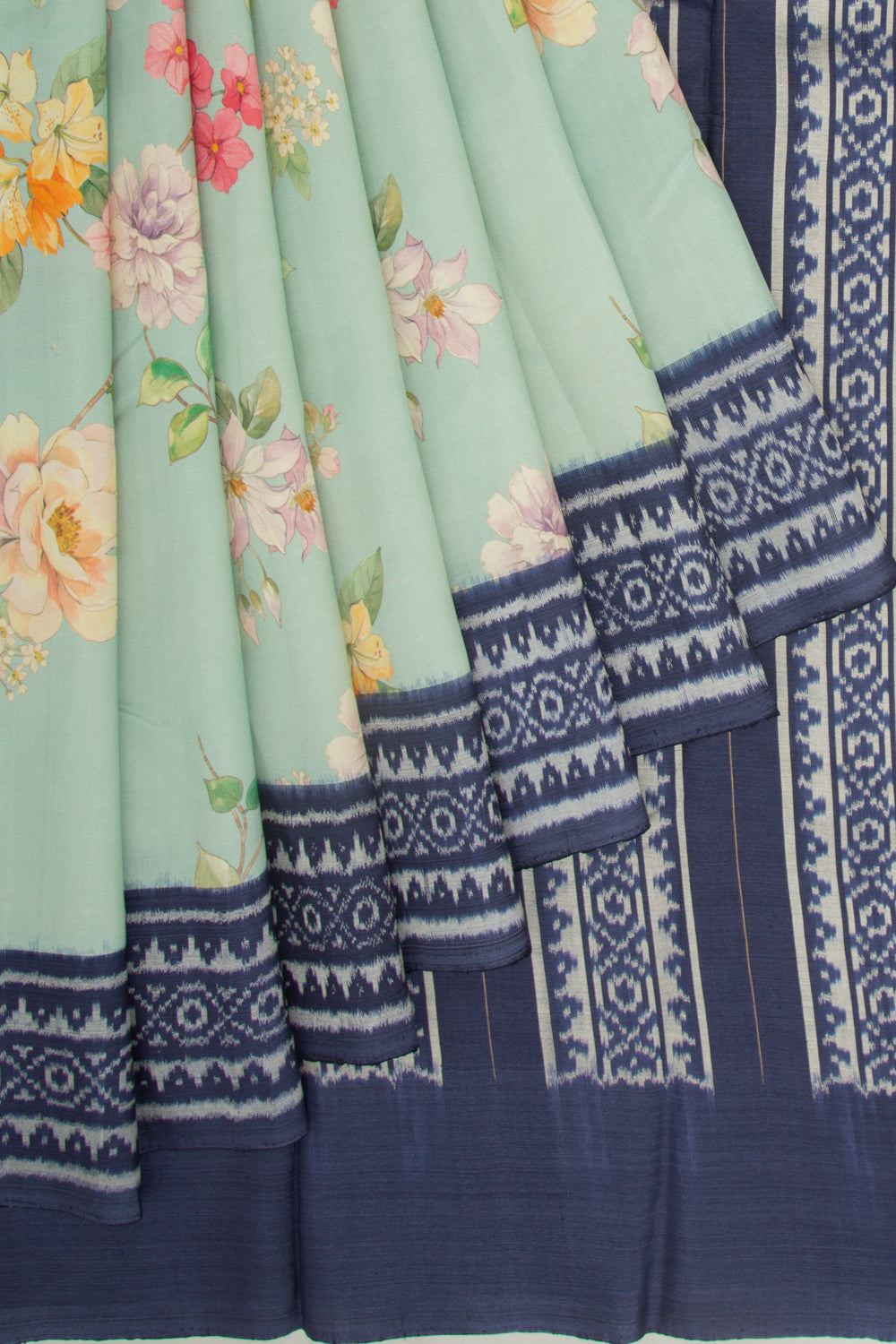 Pochampally Silk Ikat Floral Printed Pastel Blue Saree