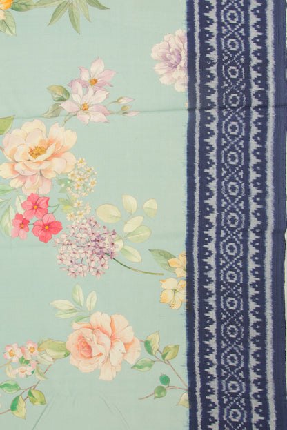 Pochampally Silk Ikat Floral Printed Pastel Blue Saree