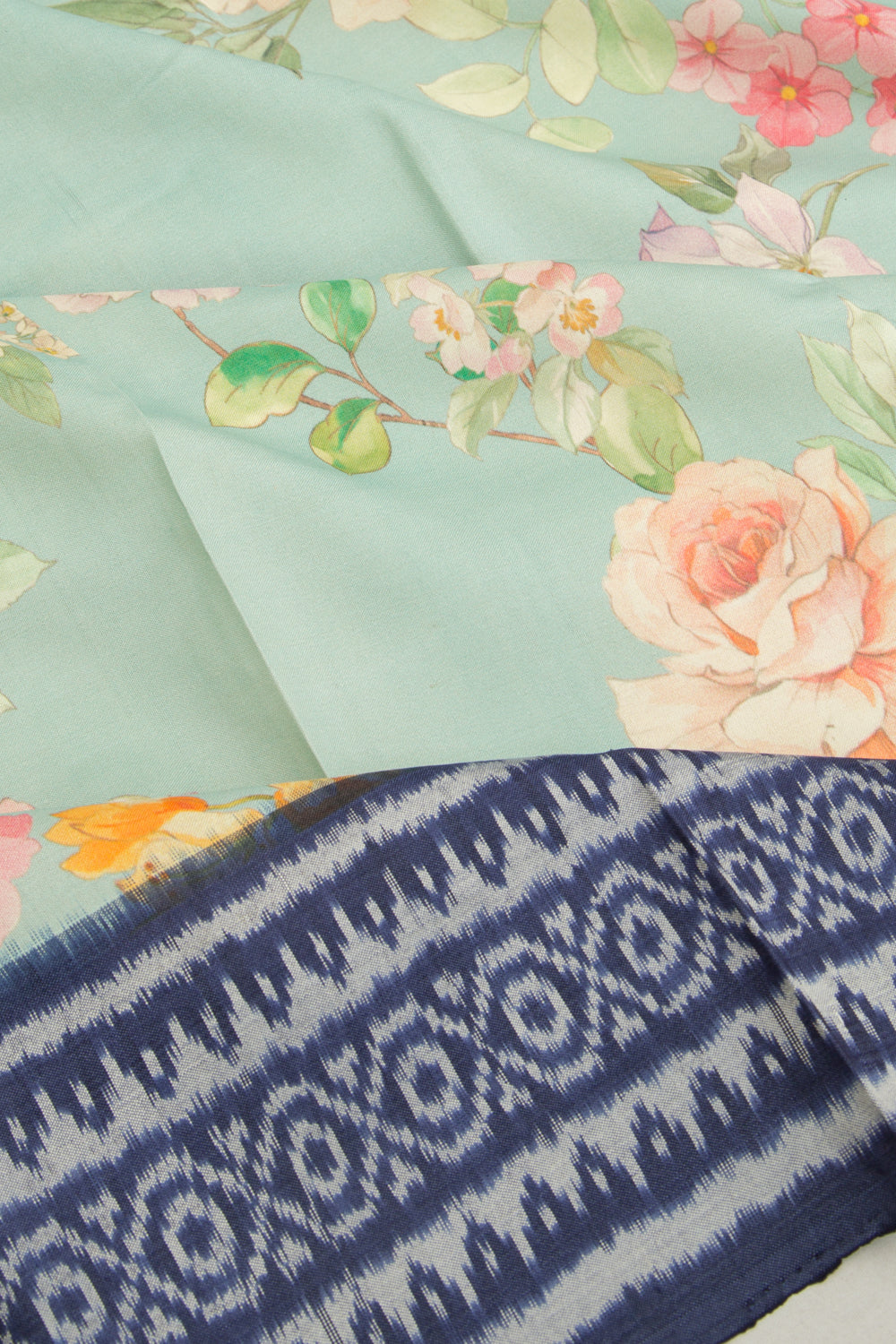 Pochampally Silk Ikat Floral Printed Pastel Blue Saree