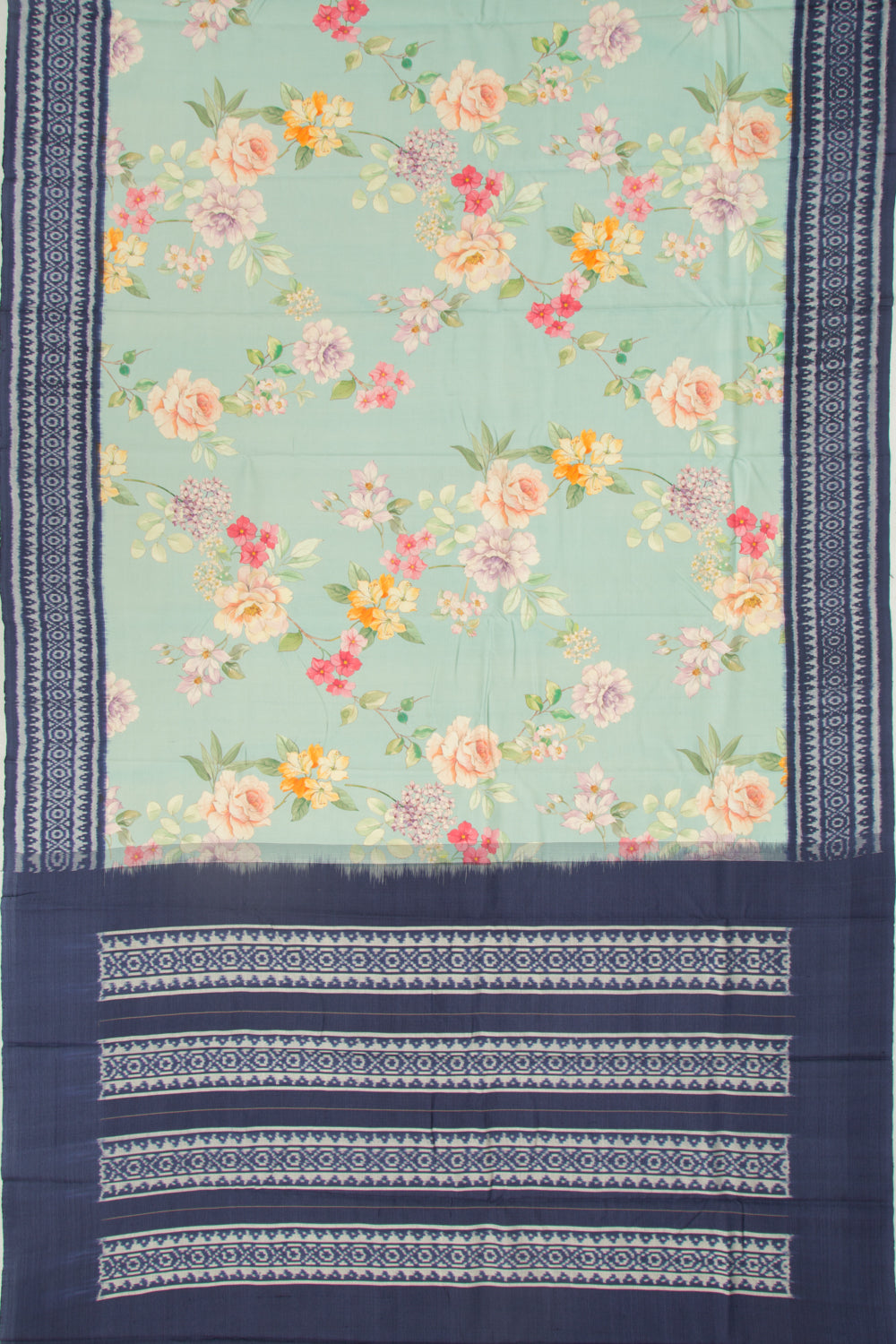 Pochampally Silk Ikat Floral Printed Pastel Blue Saree