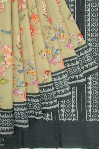 Pochampally Silk Ikat Floral Printed Sage Green Saree
