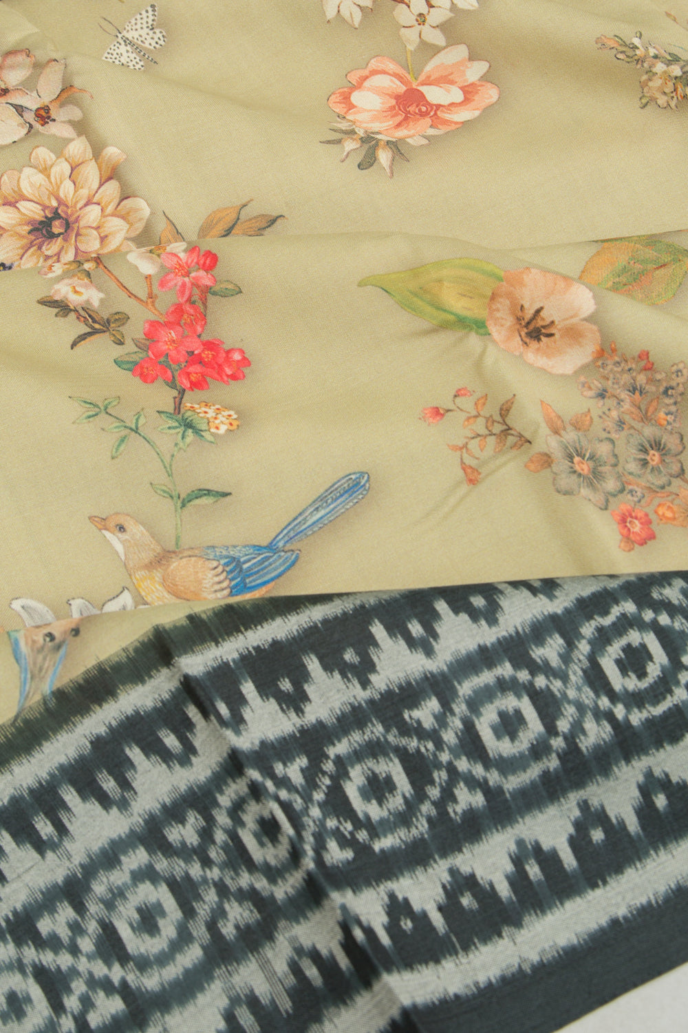 Pochampally Silk Ikat Floral Printed Sage Green Saree