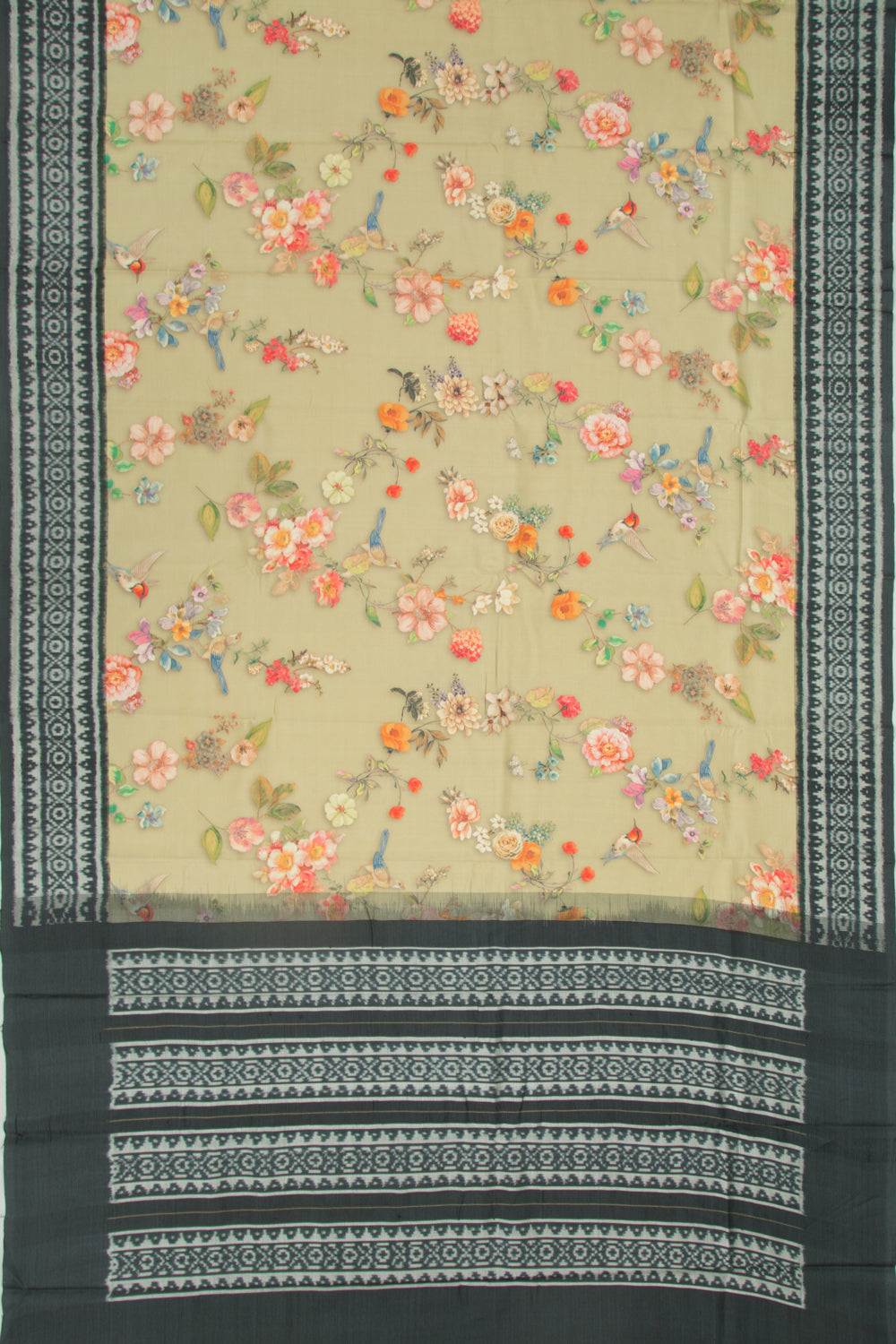Pochampally Silk Ikat Floral Printed Sage Green Saree
