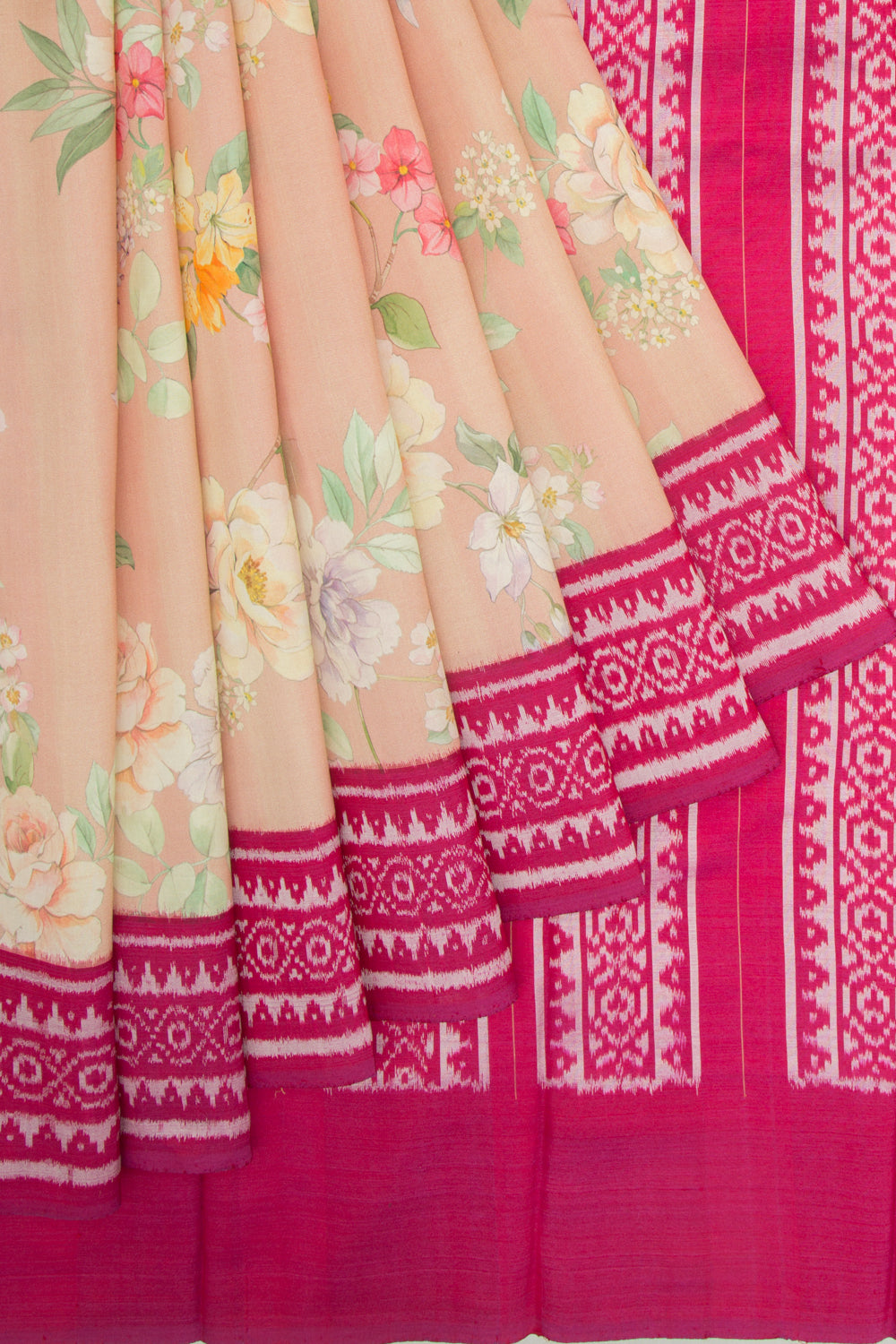 Pochampally Silk Ikat Floral Printed Peach Saree