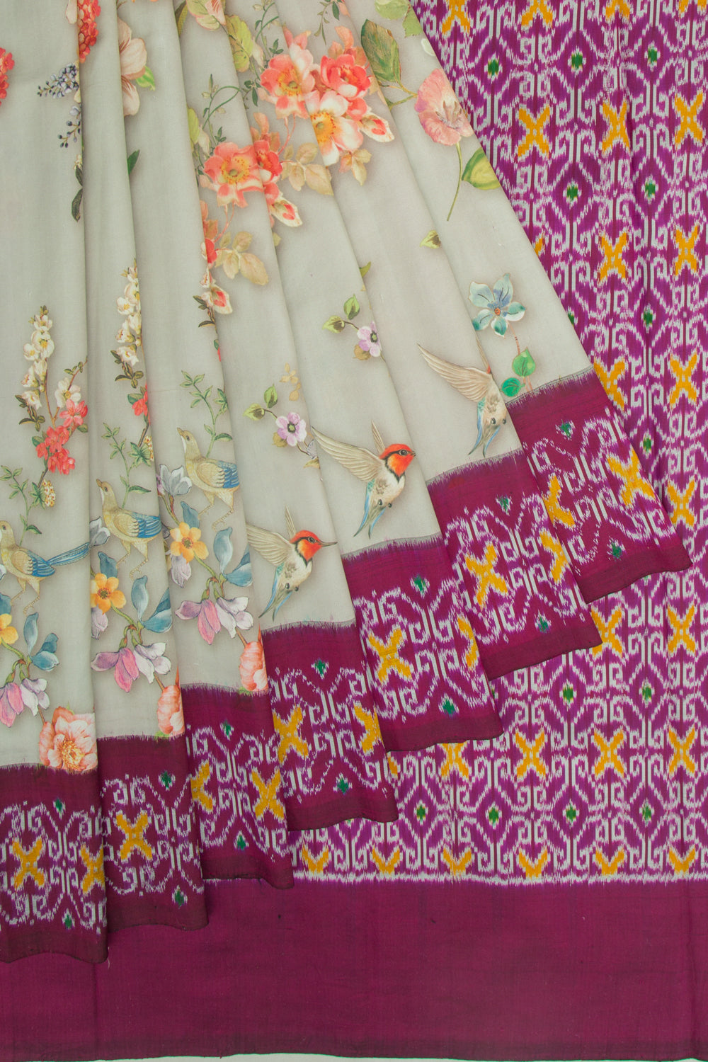 Pochampally Silk Ikat Floral Printed Grey Saree
