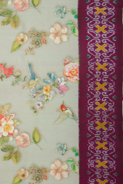 Pochampally Silk Ikat Floral Printed Grey Saree