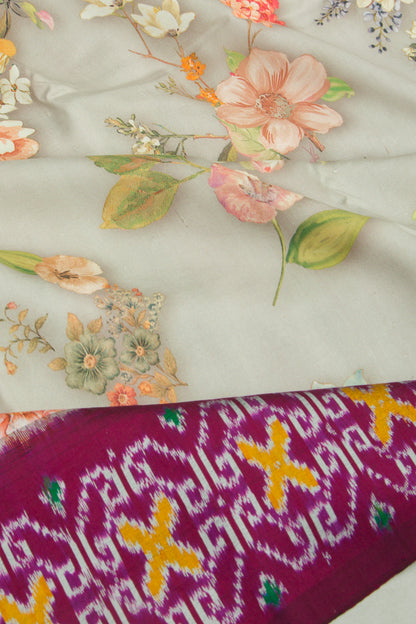 Pochampally Silk Ikat Floral Printed Grey Saree