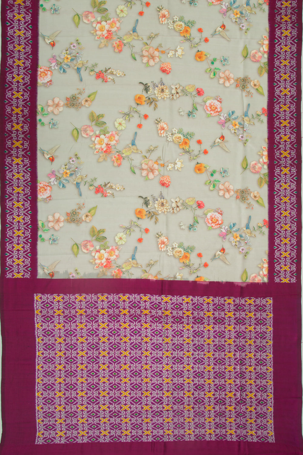 Pochampally Silk Ikat Floral Printed Grey Saree