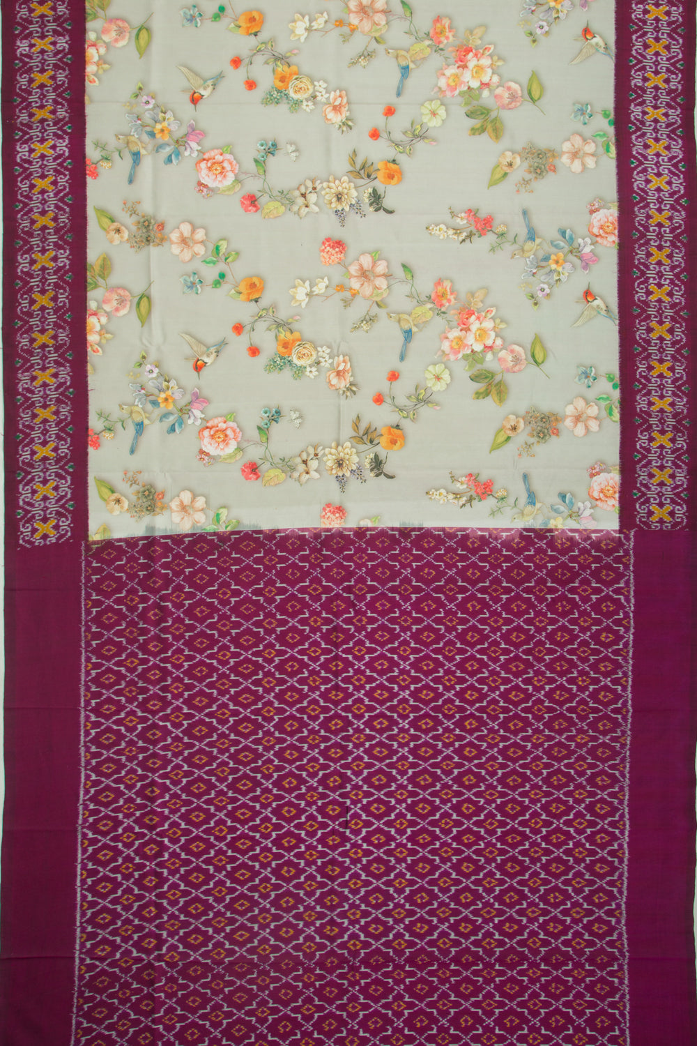 Pochampally Silk Ikat Floral Printed Grey Saree