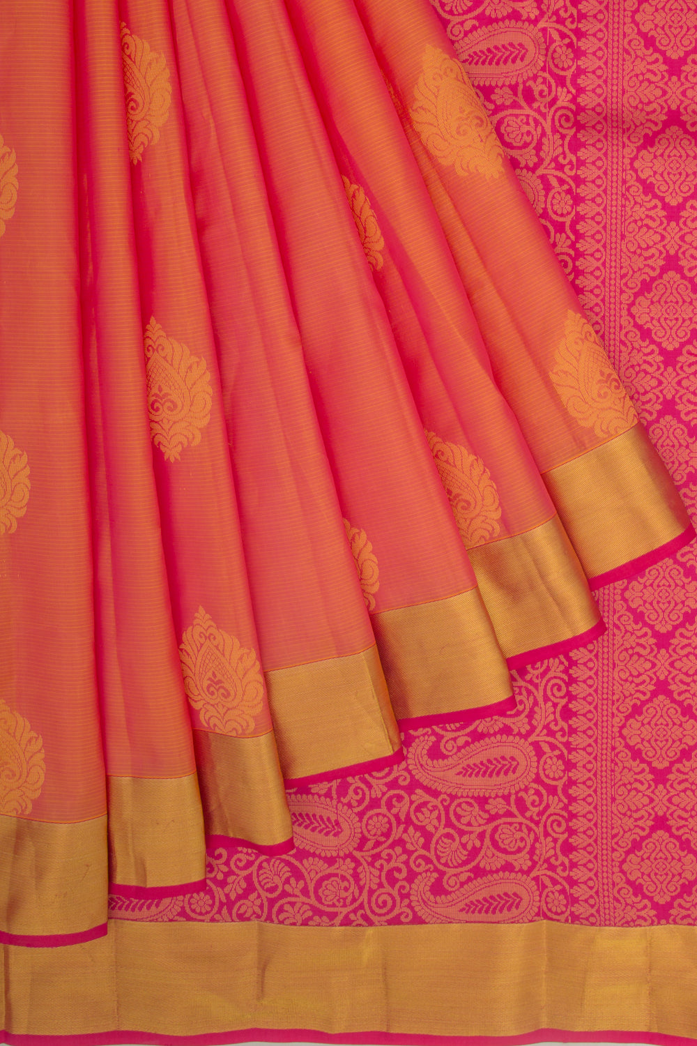 Taranga Kanchi Silk Lines And Butta Dual Tone Pink And Orange Saree