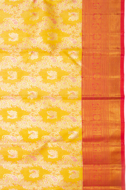 Kanchipuram Silk Jaal And Butta Yellow Saree