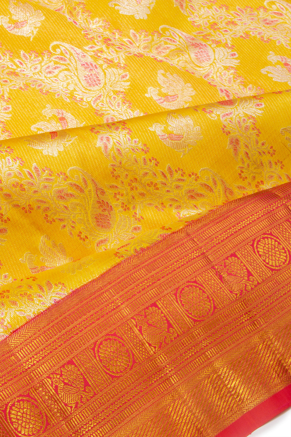 Kanchipuram Silk Jaal And Butta Yellow Saree