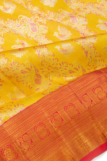 Kanchipuram Silk Jaal And Butta Yellow Saree