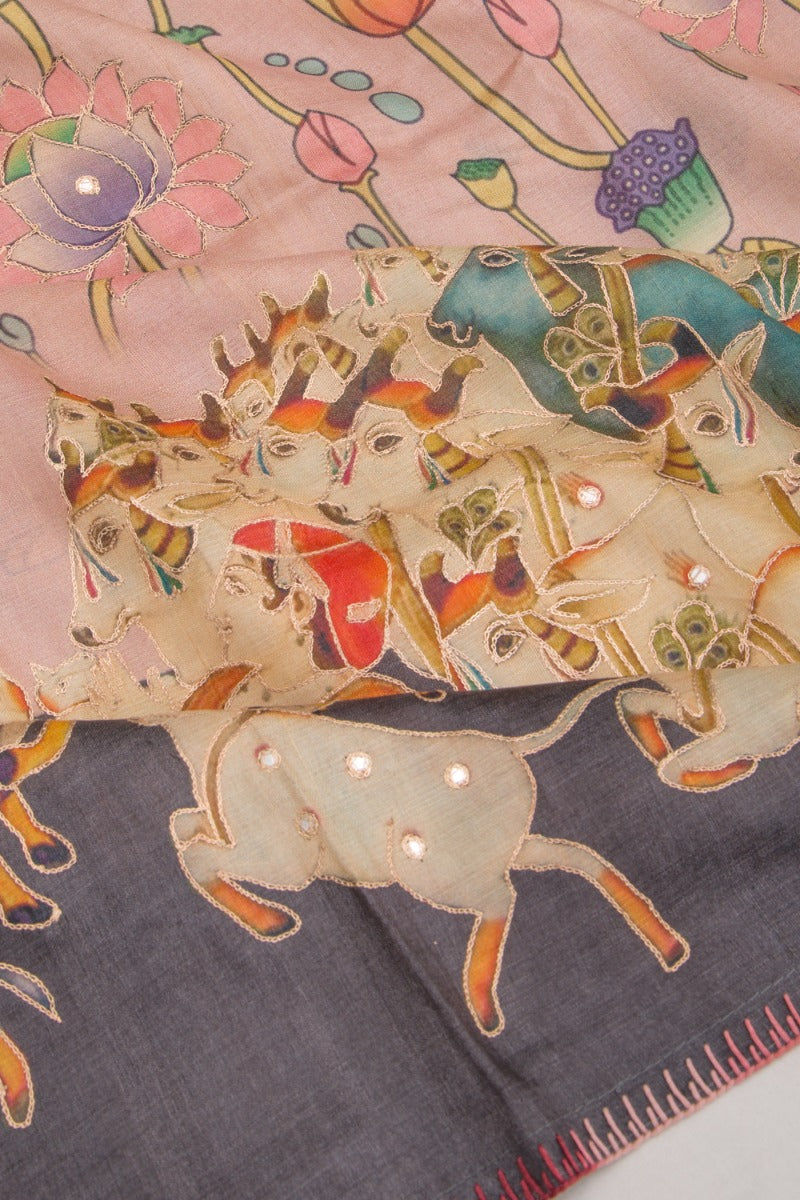 Tussar Silk Pichwai Printed Pink Saree