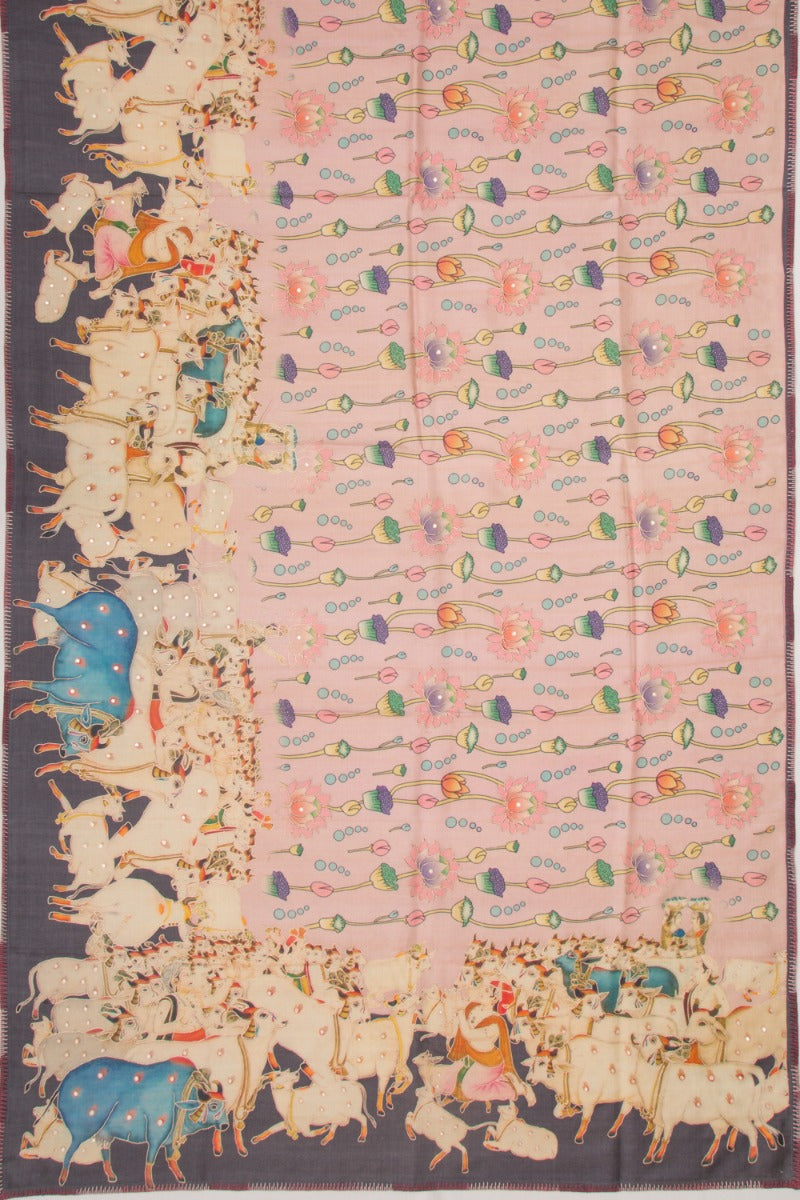 Tussar Silk Pichwai Printed Pink Saree