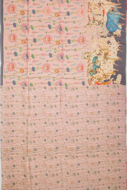 Tussar Silk Pichwai Printed Pink Saree