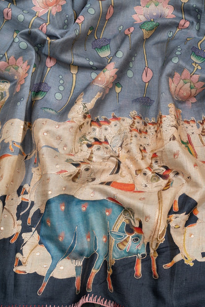 Tussar Silk Pichwai Printed Grey Saree
