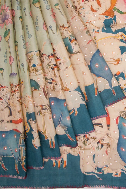 Tussar Silk Pichwai Printed Mint Green Saree