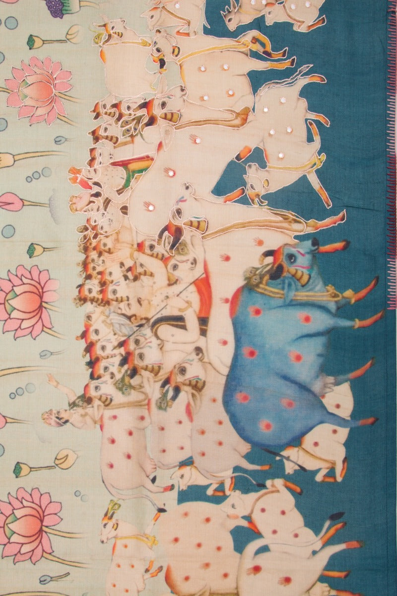 Tussar Silk Pichwai Printed Mint Green Saree