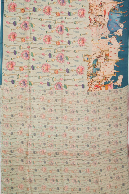 Tussar Silk Pichwai Printed Mint Green Saree