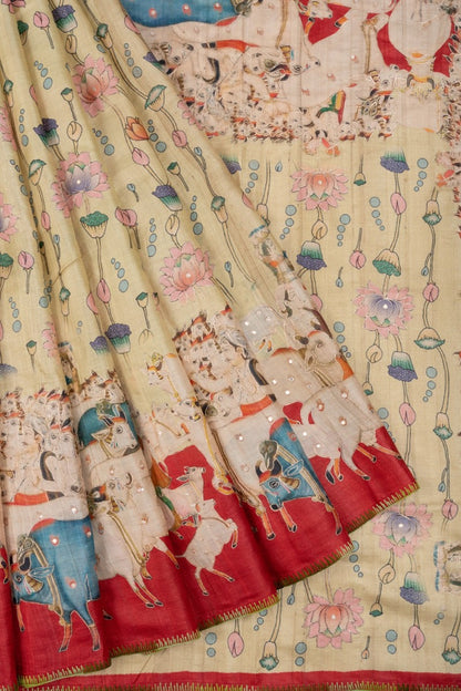 Tussar Silk Pichwai Printed Beige Saree