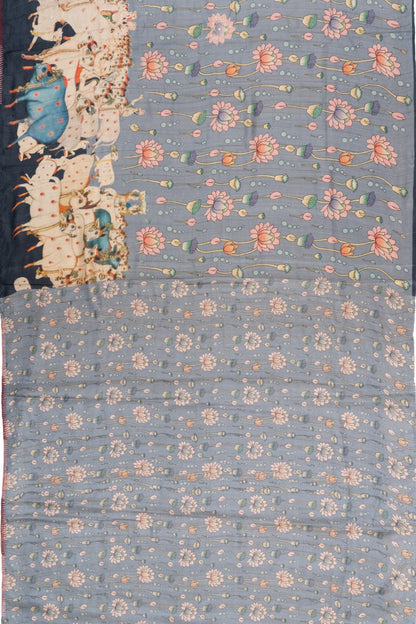 Tussar Silk Pichwai Printed Grey Saree