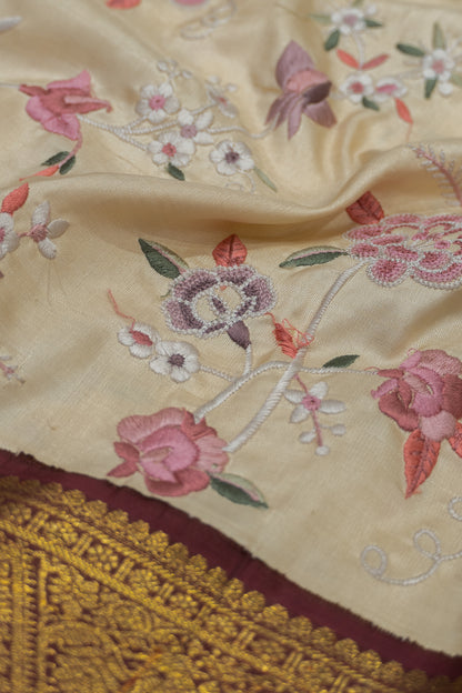 Kanchipuram Silk Hand Embroidery Cream Saree