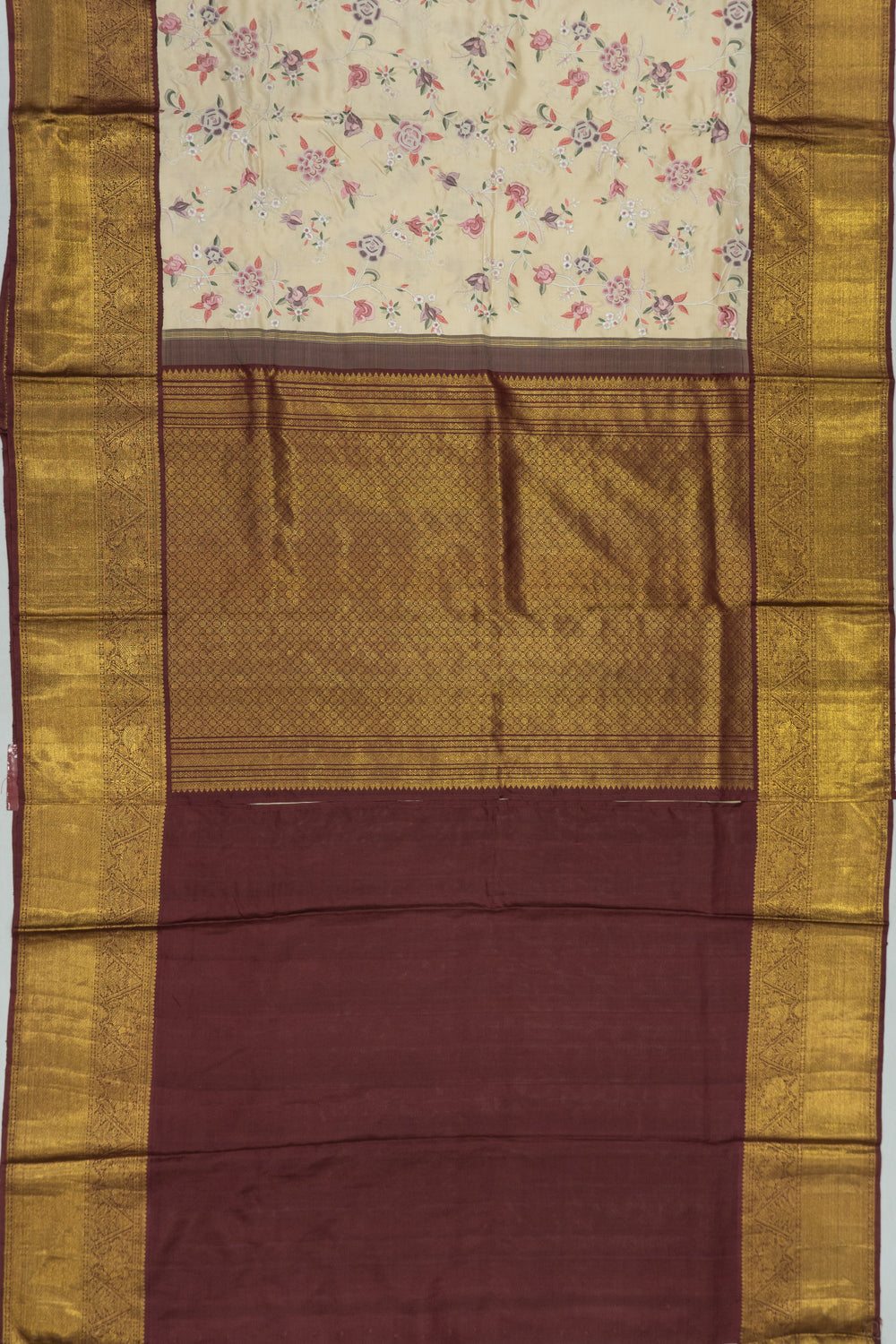 Kanchipuram Silk Hand Embroidery Cream Saree