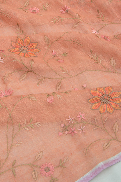 Linen Embroidery Peach Saree