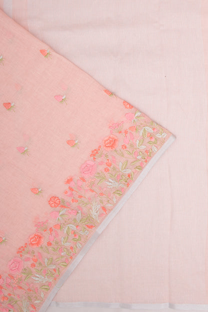 Linen Embroidery Butta Peach Saree